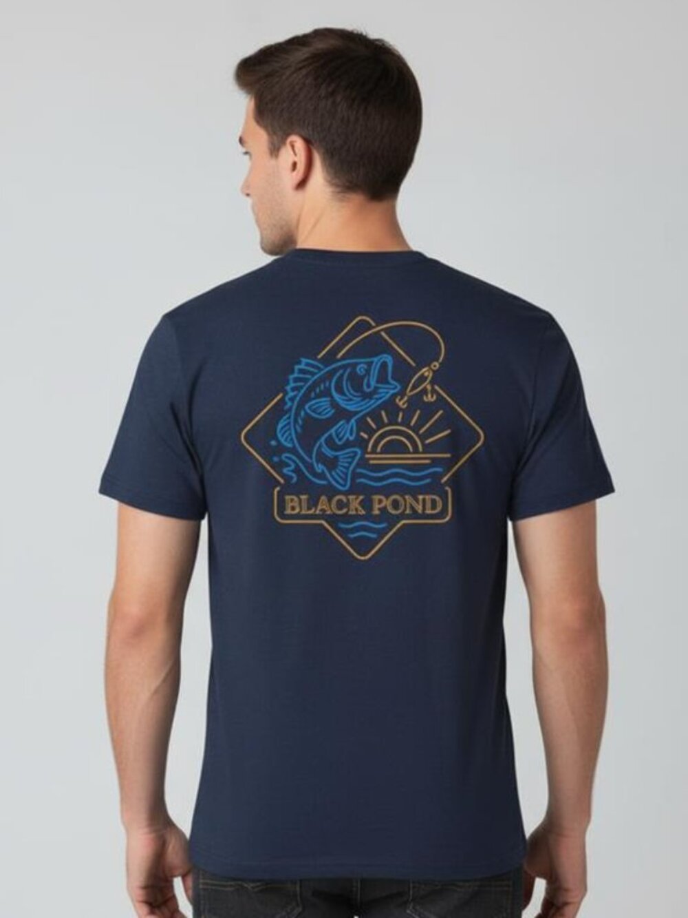 Black Pond Fishing T Shirt Bass Angler Retro Graphic Tee Navy Blue M L XL XXL